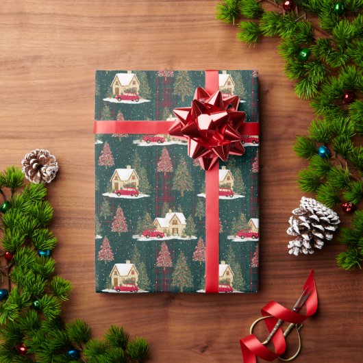Groen en rood bos kerstdorp cadeaupapier (Feestdagen Geschenken)