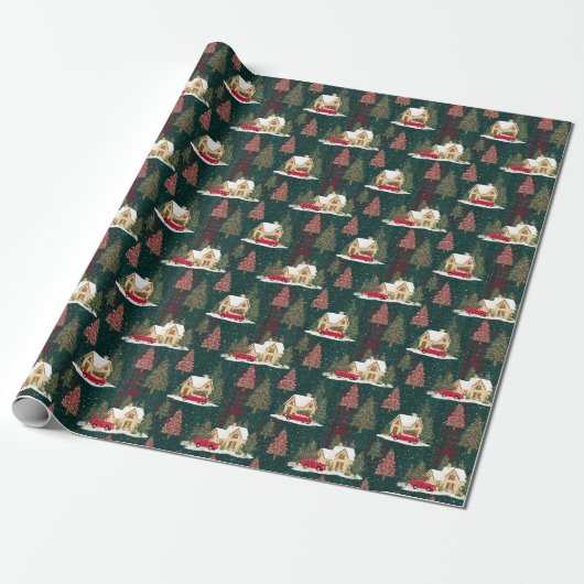 Groen en rood bos kerstdorp cadeaupapier (Uitgerold)