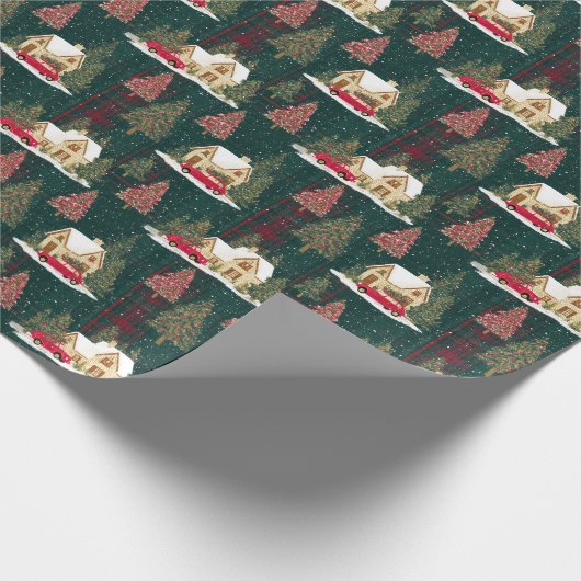 Groen en rood bos kerstdorp cadeaupapier (Hoek)