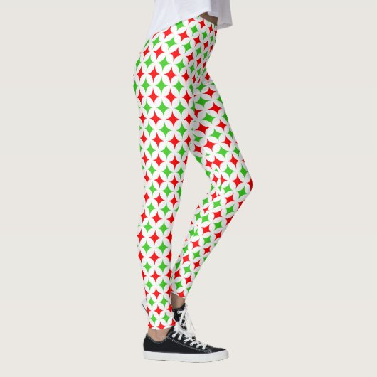 Groen en rood diamantsterpatroon op wit leggings (Rechts)