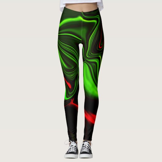 Groen en rood gebogen slagen over donkergroen fond leggings (Voorkant)
