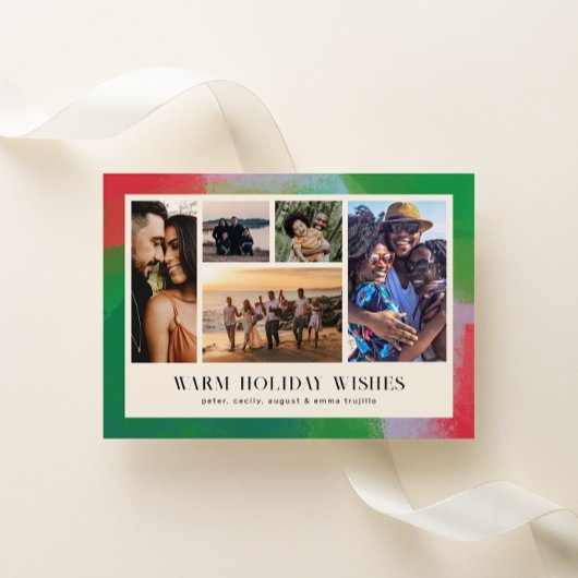 Groen en rood geschilderd Lijst en vijf foto's Feestdagenkaart