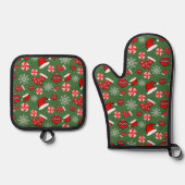 Groen en Rood Kerstmis Halve Daling Patroon Ovenwant & Pannenlap Set (Voorkant)