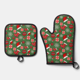 Groen en Rood Kerstmis Halve Daling Patroon Ovenwant & Pannenlap Set