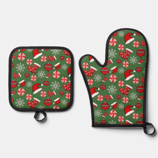 Groen en Rood Kerstmis Halve Daling Patroon Ovenwant & Pannenlap Set (Voorkant)