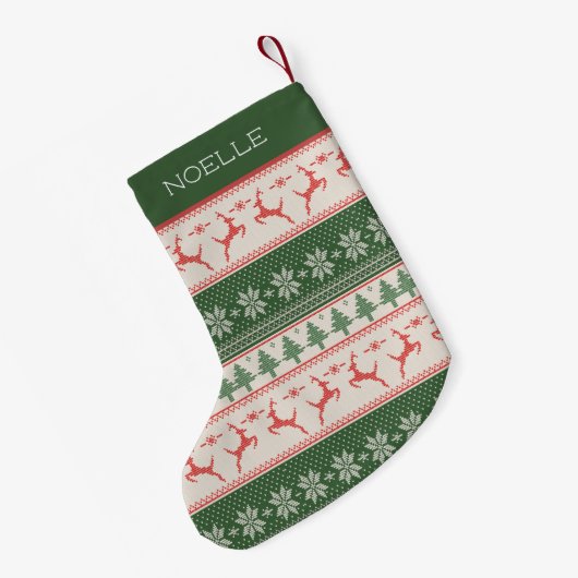 Groen en rood Noordse patroon monogram Kleine Kerstsok (Achterkant (Hangend))