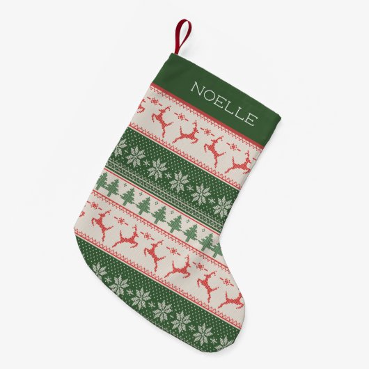 Groen en rood Noordse patroon monogram Kleine Kerstsok (Voorkant (Hangend))