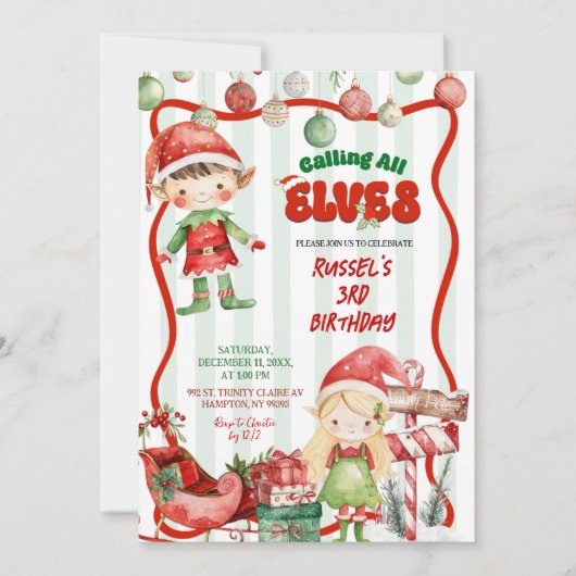 Groen en Rood Retro Oproep aan Alle Elfen Verjaard Kaart (Voorkant)