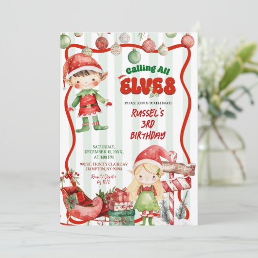 Groen en Rood Retro Oproep aan Alle Elfen Verjaard Kaart (Staand voorkant)