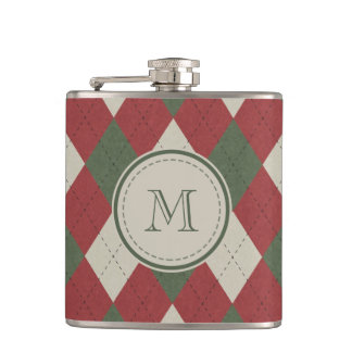 Groen en rood slippatroon met monogram heupfles
