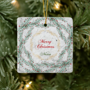 Groen en rood Wreath op Marble Nana Keramisch Ornament