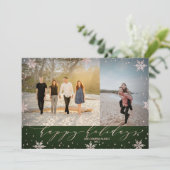 Groen en Roos goud Snowflakes Foto Prettige feestd Kaart (Staand voorkant)