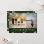 Groen en Roos goud Snowflakes Foto Prettige feestd Kaart (Voorkant / Achterkant in situ)