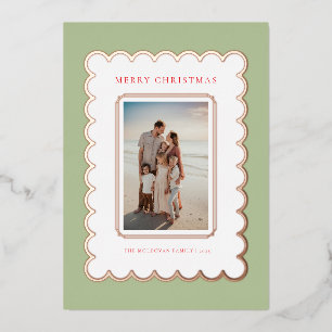 Groen en Roos Gouden Folie Scallop Kerst Kaart