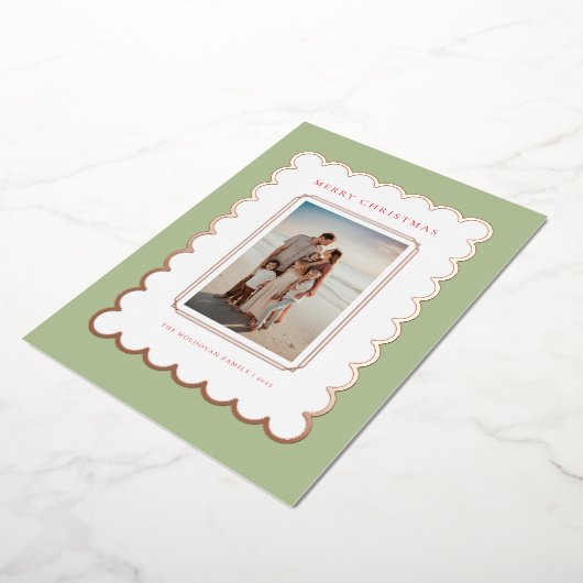 Groen en Roos Gouden Folie Scallop Kerst Kaart (Gedraaid)