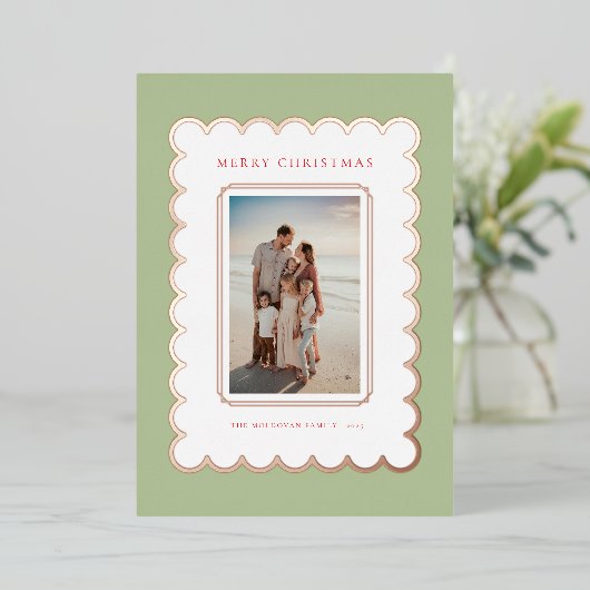 Groen en Roos Gouden Folie Scallop Kerst Kaart (Staand Voorkant)