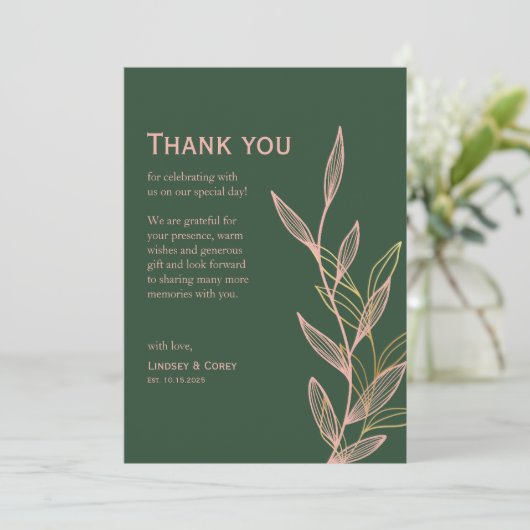 Groen en Roze Blad Dank u Kaart voor Bruiloft 1 (Staand voorkant)