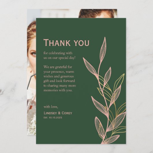 Groen en Roze Blad Dank u Kaart voor Bruiloft 1 (Voorkant / Achterkant)