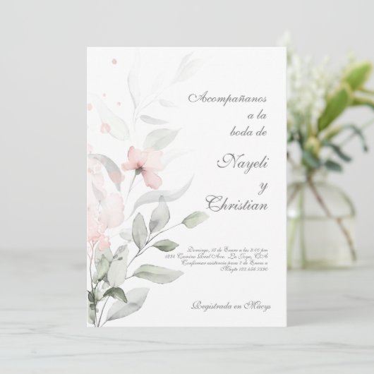 Groen en roze bloem bruiloft uitnodiging (Staand voorkant)