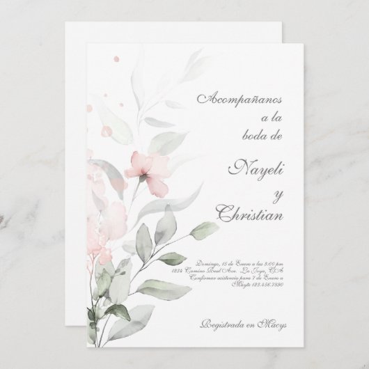 Groen en roze bloem bruiloft uitnodiging (Voorkant / Achterkant)