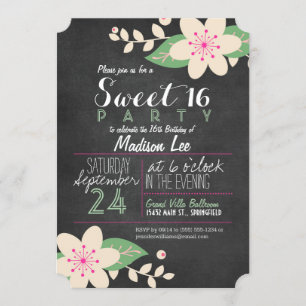 Groen en Roze Bloemen Krijtbord Sweet 16 Party Kaart