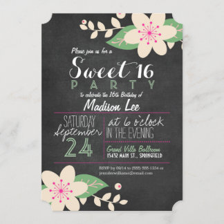 Groen en Roze Bloemen Krijtbord Sweet 16 Party Kaart