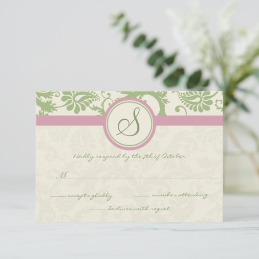 Groen en Roze Damask Wedding RSVP (Staand voorkant)
