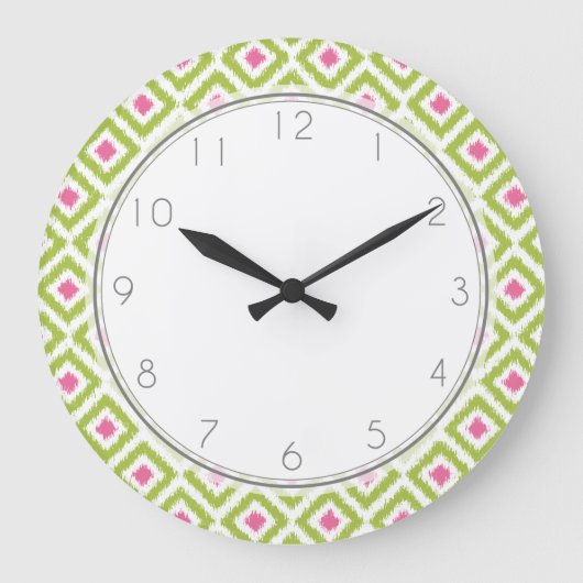 Groen en Roze Diamond Ikat Pattern Grote Klok (Voorkant)