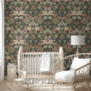 Groen en Roze Flamingo Bloemen Damask Behang