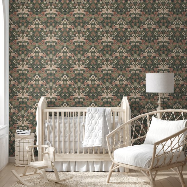 Groen en Roze Flamingo Bloemen Damask Behang (Kinderen)