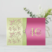 Groen en Roze Floral Sweet Sixteen Uitnodiging (Staand voorkant)