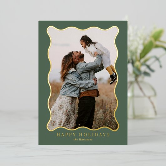 Groen en Roze Goud Wavy Lijst Vakantie Fotokaart Folie Feestdagenkaart (Staand Voorkant)