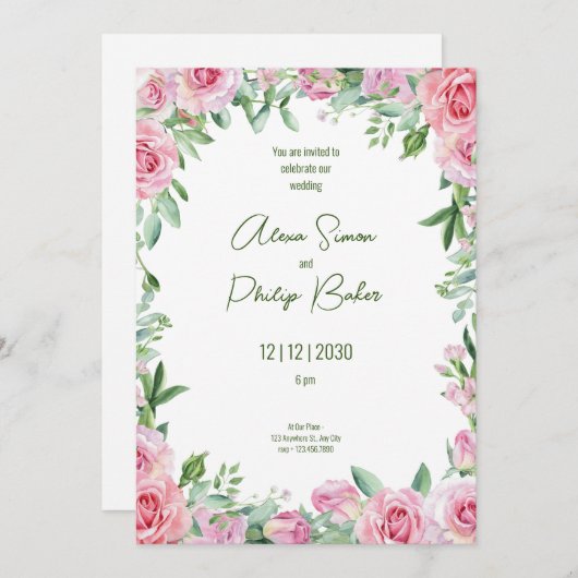 Groen en Roze, Groene Waterverf Bloemenbruiloft Kaart (Voorkant / Achterkant)