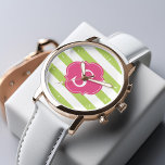 Groen en Roze Horizontale Strepen Monogram Horloge<br><div class="desc">Moderne en chique horizontale strepen en quatrefoil monogram ontwerp kunnen worden gepersonaliseerd met uw monogram,  initialen,  naam of een tekst naar keuze.</div>