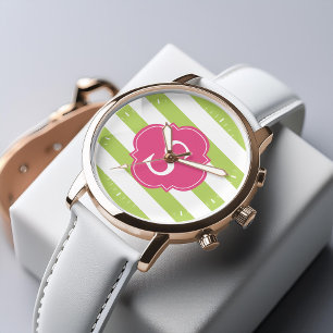 Groen en Roze Horizontale Strepen Monogram Horloge