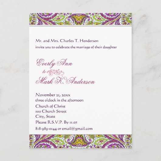 Groen en Roze Paisley Wedding Uitnodiging Briefkaart (Voorkant)