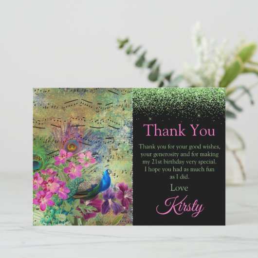  Groen en Roze Peacock Birthday Dank u Bedankkaart (Staand voorkant)