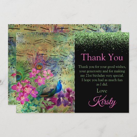  Groen en Roze Peacock Birthday Dank u Bedankkaart (Voorkant / Achterkant)