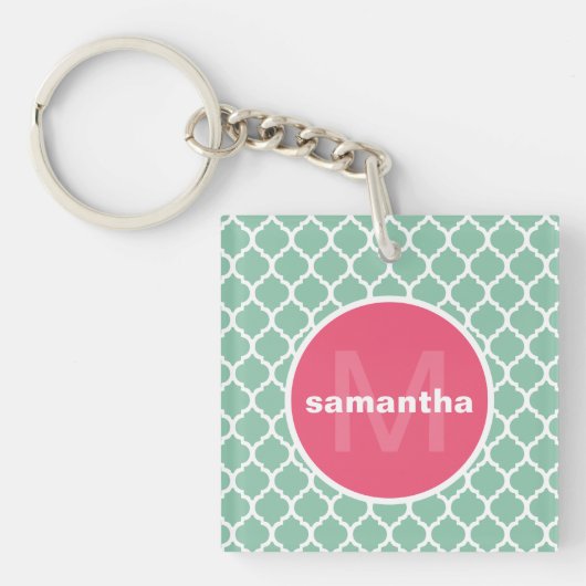 Groen en Roze Quatrefoil Monogram Sleutelhanger (voorkant)