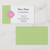 Groen en Roze Quatrefoil Patroon met Monogram Visitekaartje (Voorkant / Achterkant)