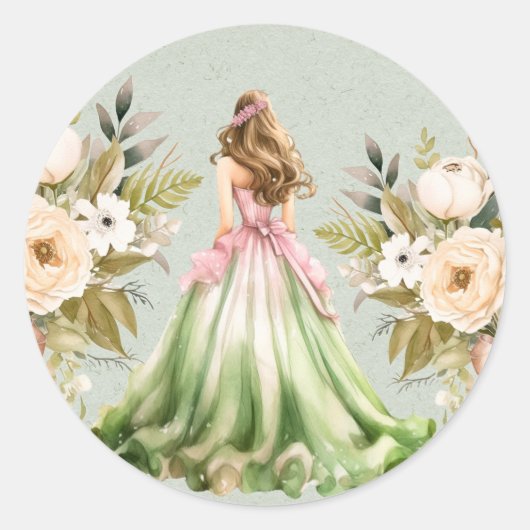 Groen en Roze Quinceanera Verjaardagsfeest Ronde Sticker (Voorkant)