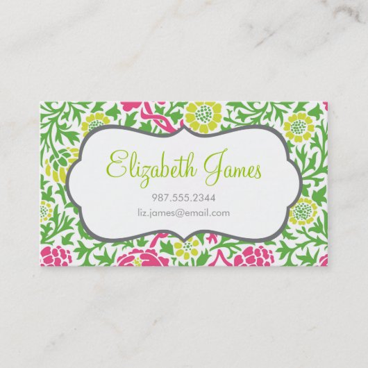 Groen en Roze Retro Bloemen Damask Visitekaartje (Voorkant)