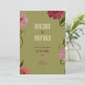 Groen en Roze, Rode Waterverf Bloemenbruiloft Kaart (Staand voorkant)