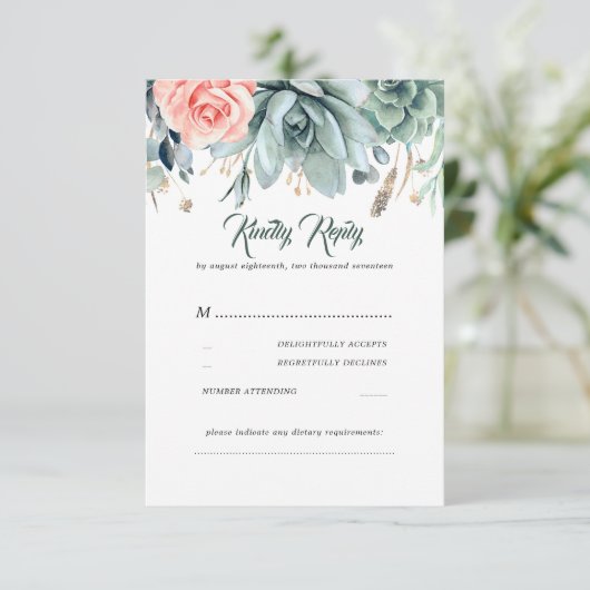Groen en Roze Rose Elegant Bruiloft RSVP (Staand voorkant)
