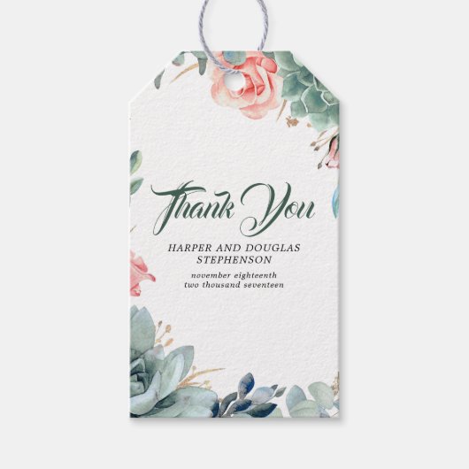 Groen en Roze Rose Elegante Botanische Bruiloft Cadeaulabel (Voorkant)