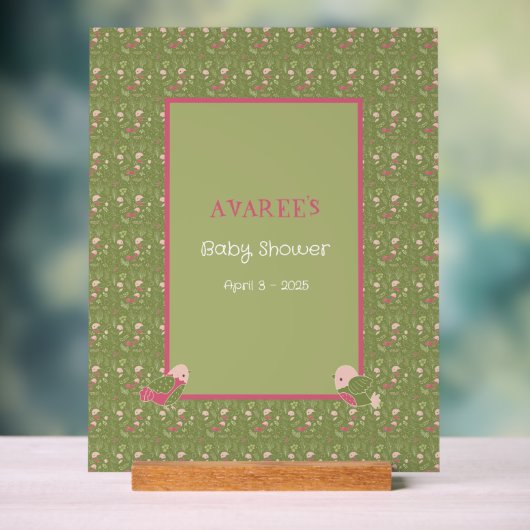 Groen en Roze Schattigee Vogels Baby shower Acryl Bord (Neutraal)