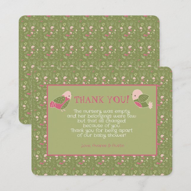Groen en Roze Schattigee Vogels Baby shower Dank u (Voorkant / Achterkant)