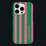 Groen en roze streepjespatroon gepersonaliseerd iPhone 16 pro hoesje<br><div class="desc">Voeg een stijlvol tintje toe aan uw telefoon met dit groene en roze streepjespatroon gepersonaliseerde iPhone 16 Pro-hoesje. Met een chique gestreept ontwerp biedt het een perfecte mix van elegantie en moderne flair. Pas het aan met jouw naam of initialen voor een unieke look, waardoor het een geweldig accessoire of...</div>