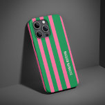 Groen en roze streepjespatroon gepersonaliseerd iPhone 16 pro hoesje<br><div class="desc">Voeg een stijlvol tintje toe aan uw telefoon met dit groene en roze streepjespatroon gepersonaliseerde iPhone 16 Pro-hoesje. Met een chique gestreept ontwerp biedt het een perfecte mix van elegantie en moderne flair. Pas het aan met jouw naam of initialen voor een unieke look, waardoor het een geweldig accessoire of...</div>