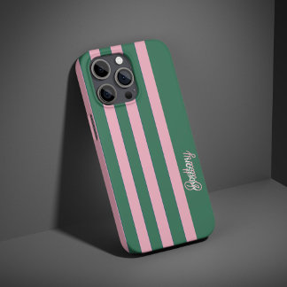Groen en roze streepjespatroon gepersonaliseerd iPhone 16 pro hoesje